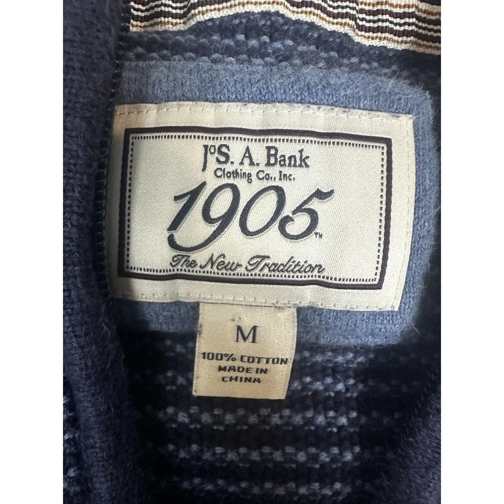 Jos A Bank 1905 Sweater‎ Mens M Blue Stripe Mock Neck Quarter Zip Elbow Patch